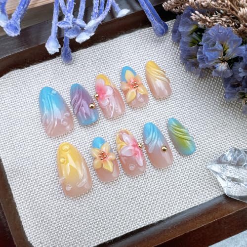 Short Almond Press On Nails 3D Flower French Tip Acrylic False Nails