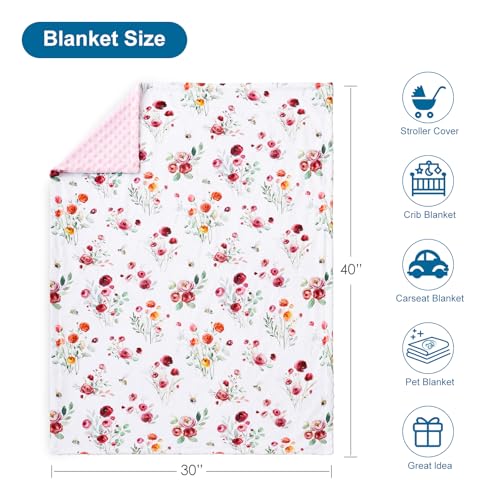 HOMRITAR Pink Floral Baby Blanket - Soft Plush Minky, 30x40