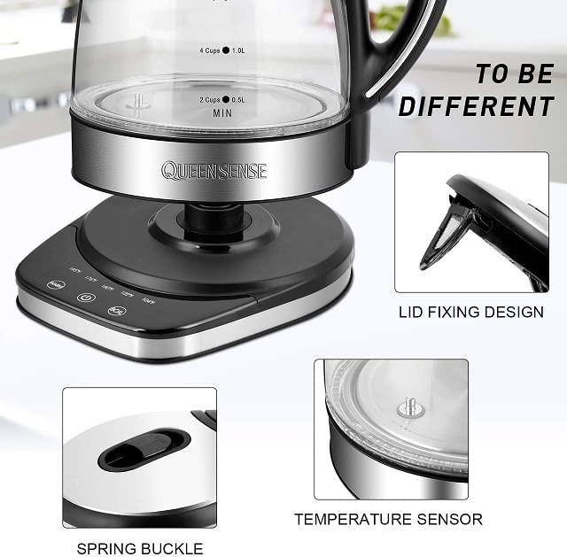 QUEENSENSE 1.7L Blue LED Light Electric Hot Water Glass Kettles