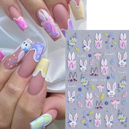 Easter Nail Art Stickers 4 Sheets - 5D Embossed Bunny & Flower Decals