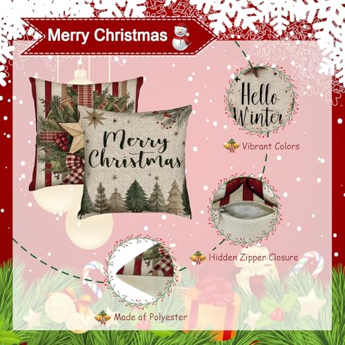 White Christmas Throw Pillow Covers Set of 4 - 18x18 Inch