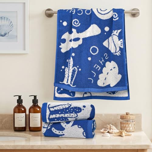 Coastal Hand Towels 3-Pack - Blue & White Shell Design