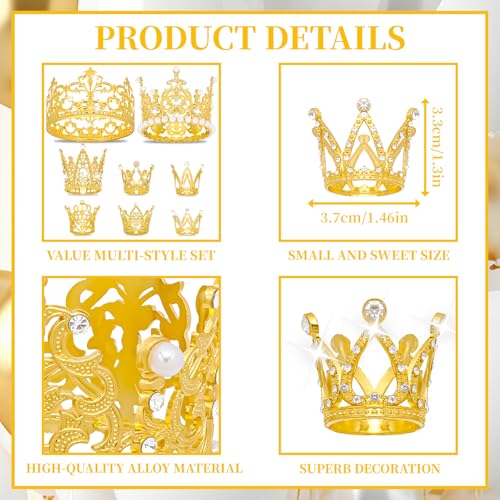 KICOSY Gold Mini Crowns Set - 8 Pcs for Cake & Bouquet Decorations
