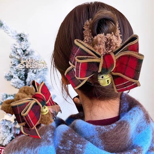 Christmas Red Bow Hair Claw Clip with Bell Rhinestone Holiday Barrette
