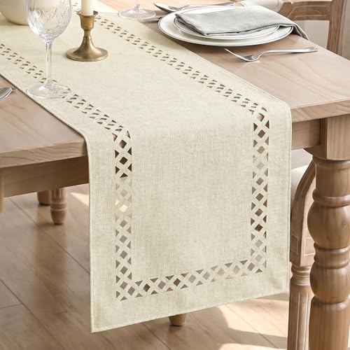 Beige Rustic Geometric Table Runner 13x90 Inch - Washable Polyester