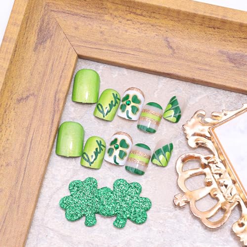 St. Patrick's Day Short Square Press On Nails with Rhinestones & Shamrocks