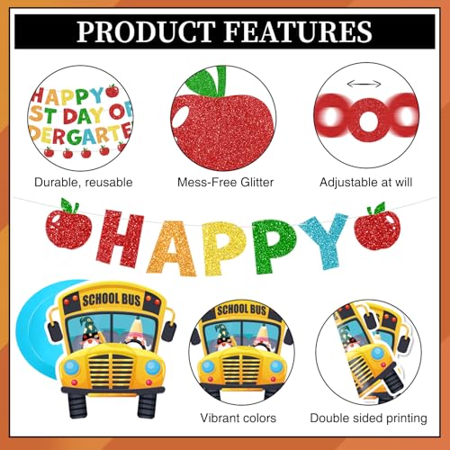 First Day of Kindergarten Banner Set with Hanging Swirls - No-DIY Decor for Photo Backdrops