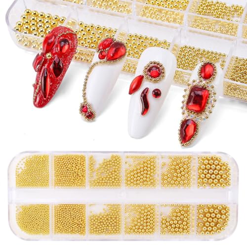 Bellecrey Gold Nail Beads Caviar Mini Steel Charms Assorted Sizes 12 Grids
