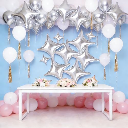 14-Pack Silver Star Foil Balloons - 26 & 10 Inch Party Decor