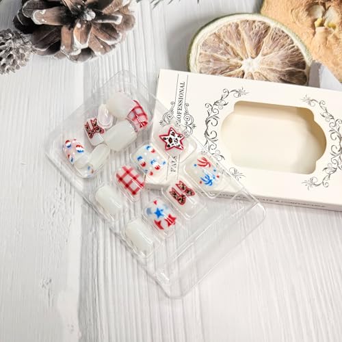 Independence Day Short Square Press on Nails with Bow and Star Designs