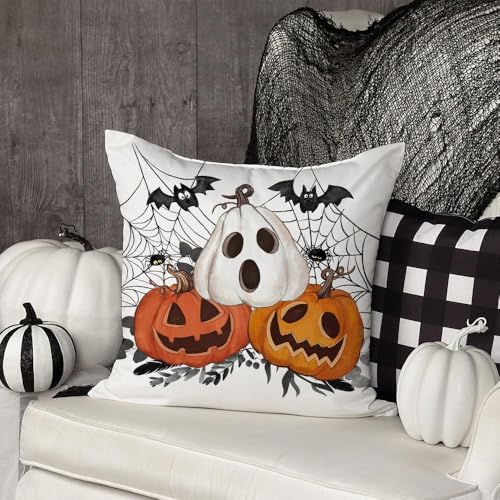 Halloween Pumpkin & Bat Pillow Cover, 18x18 Inch Decorative Farmhouse Case