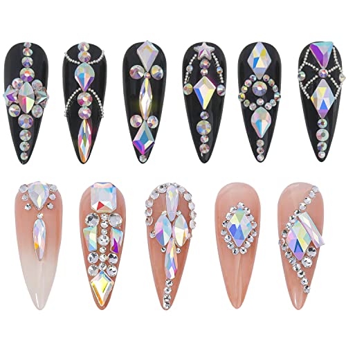 HNUIX 3D Glass Crystal Nail Art Rhinestones Kit with Flatback Gems and Beads