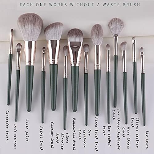14-Piece Professional Makeup Brush Set with Wooden Handles and Rayon Bristles - Green