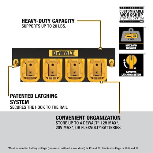 DEWALT Battery Organizer, Holds up to 4 Batteries, Mount Rail, Workshop Storage System Compatible (DWST82819)