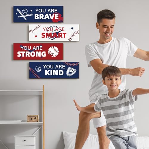 Baseball Room Decor Set - 4 Wooden Motivational Signs for Boys