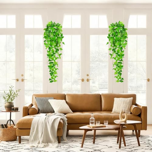 2pcs Artificial Pothos Vines - Waterproof Fake Hanging Plants for Indoor/Outdoor Decor
