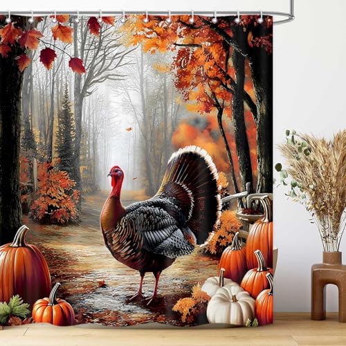 Thanksgiving Turkey Shower Curtain - 71 x 71 Inch Red Fabric Set