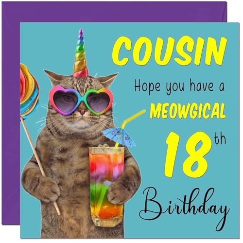 Funny Cat Birthday Card for 18 Year Old - Meowgical Design