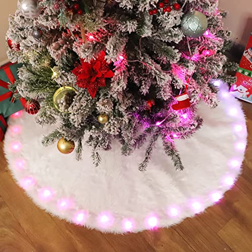 30 Inch Faux Fur Christmas Tree Skirt with LED Lights White Snow Plush Xmas Decor - Variation: White With Light / 30In