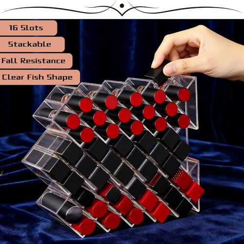 JIABUUN 16-Space Clear Acrylic Fish-Shaped Lipstick Organizer Holder