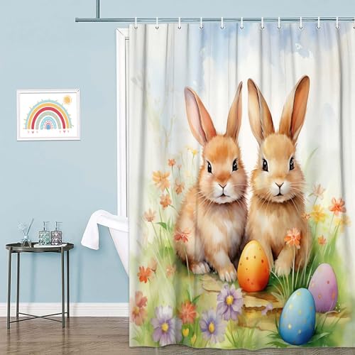 JAWO Vintage Bunny Rabbit Shower Curtain - 70x70 Inches, Spring Floral Design