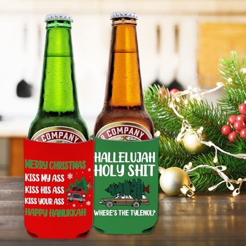 Funny Christmas Beer Can Coolers - 8 Pcs Holiday Beverage Sleeves, Reusable Neoprene Can Holders