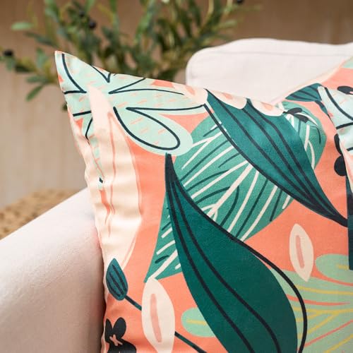 Tyrot Boho Floral Velvet Throw Pillow Covers, 18x18 Coral (Set of 2)
