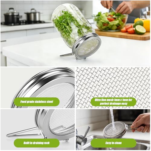 NAHSHON 86mm Stainless Steel Sprouting Lid for Wide Mouth Mason Jars - 2 Pack