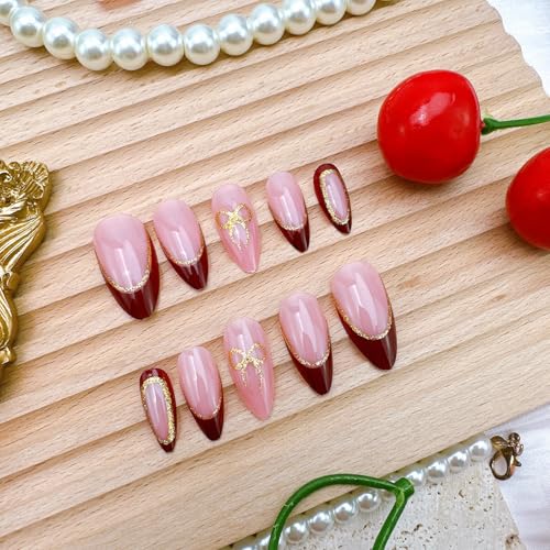 Red French Tip Press on Nails Medium Almond with Gold Bow & Glitter