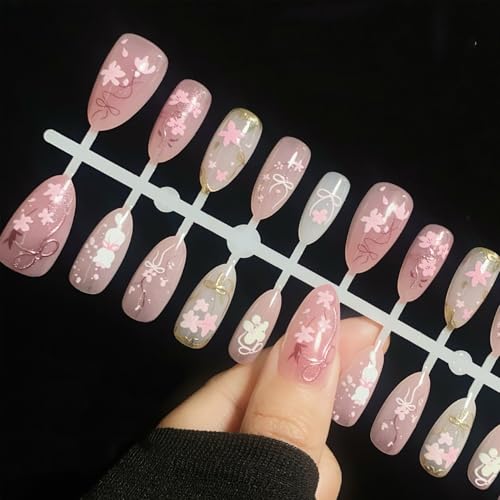 Pink Flower Press on Nails Medium Almond Cat Eye Glitter False Nails