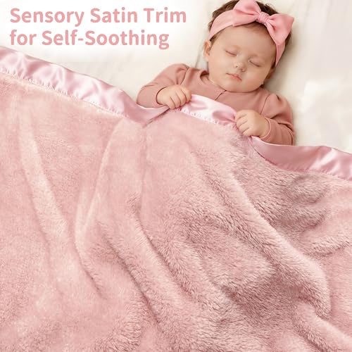 Light Pink Plush Baby Blanket with Satin Trim - 30x40 Inch
