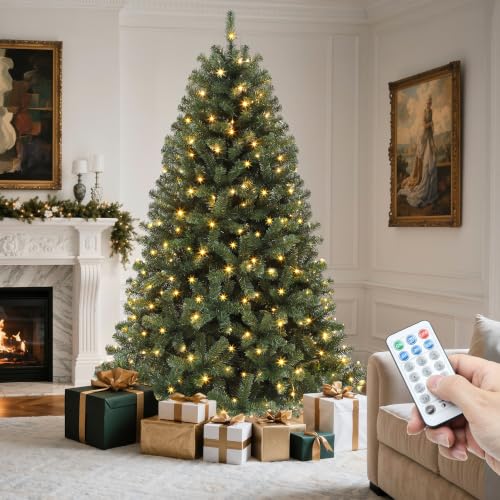 7.5ft Pre-Lit Artificial Christmas Tree with Remote, Hinged Branches, Green - Variation of Green / 7ft 6in