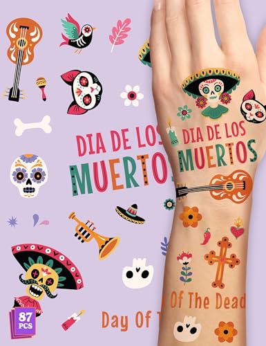 HOUSE OF PARTY Day of the Dead Temporary Tattoos - 87 Pack Waterproof Kids Halloween Party Favors