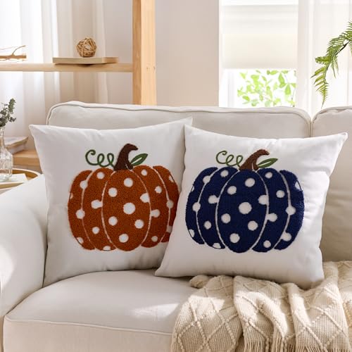 Set of 2 Blue Pumpkin Fall Pillow Covers 16x16 for Autumn Decor