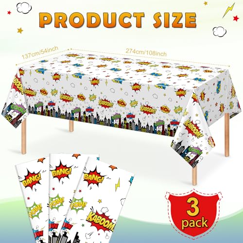 3Pcs Hero Themed Birthday Tablecloths - Cityscape Design, 54x108 Inch