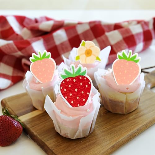 60Pcs Edible Strawberry Cupcake Toppers - Wafer Paper Cake Decorations