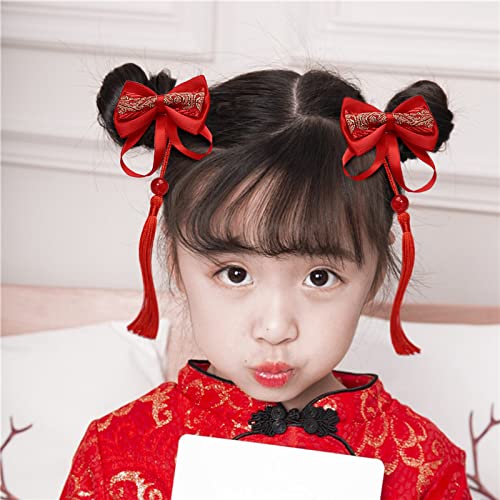 AEGYPIUS Red Bow Hair Clips with Tassels - 2 Pcs Chinese New Year Hair Accessories for Women and Girls