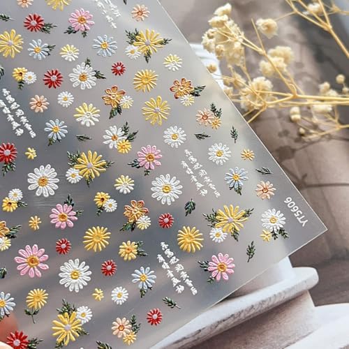 5D Embossed Floral Nail Stickers - Self-Adhesive Daisy Flower Nail Decals