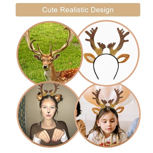 Beviliu Deer Antlers Headband - Fluffy Reindeer Ears for Christmas Costume