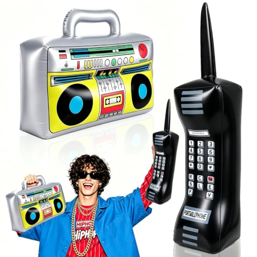 2PCS Inflatable Retro Mobile Phone & Boombox Party Props for 80s 90s Theme Decor