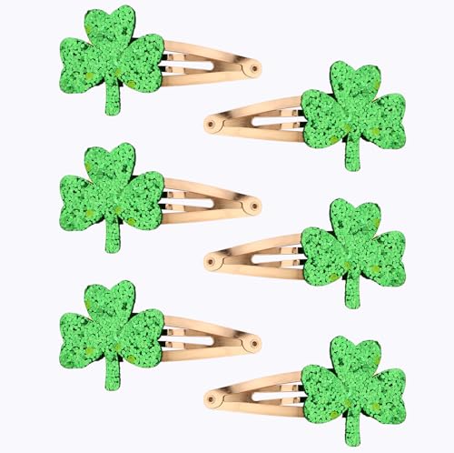 St. Patrick's Day Shamrock Hair Clips - 6 Pcs Glitter Green Clover Barrettes