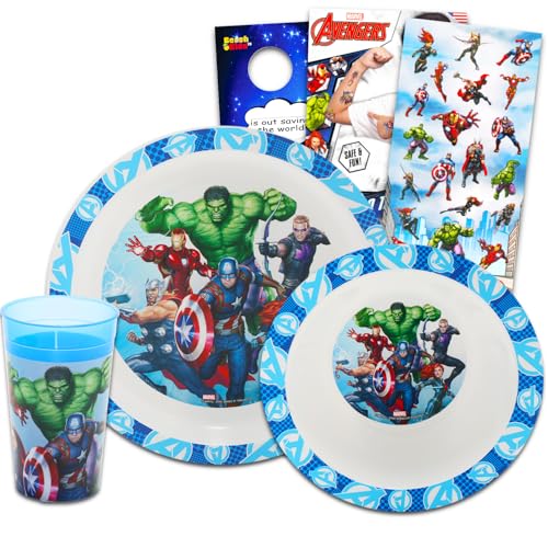 Avengers Dinnerware Set for Kids, Toddlers - 3 Pc Kitchen Accessories Bundle with Avengers Dinner Plate, Cup, Stickers, More | Avengers Flatware Set