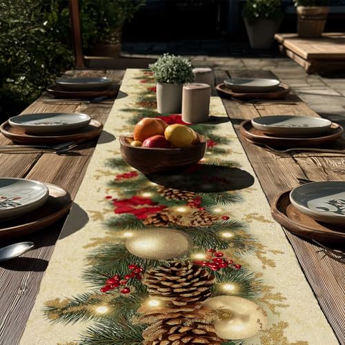 Christmas Poinsettia & Pinecones Table Runner - Holiday Decor, 13 x 72 Inch, Variation of THIS listing