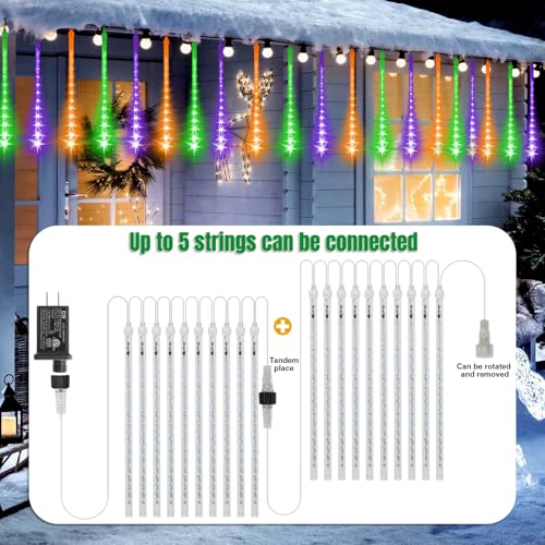 Outdoor LED Meteor Shower Icicle Lights - 12-inch Waterproof String Lights with 10 Tubes - Orange Purple Green Variation