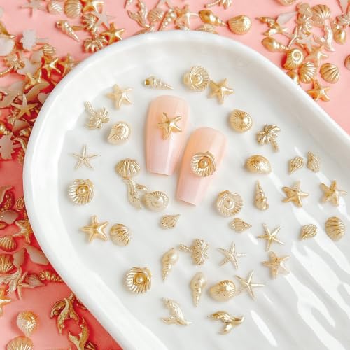 Tephrent 200pcs Starfish & Shell Nail Charms - Gold Resin Ocean Rhinestones