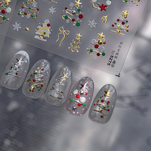 5D Christmas Nail Stickers Gold Tree Wreath Self-Adhesive Winter Decals