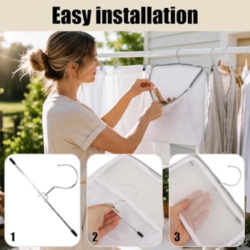 CHENZORVAX Hanging Mesh Clothespin Bag with Hook, White - 11.8 x 7.8 In