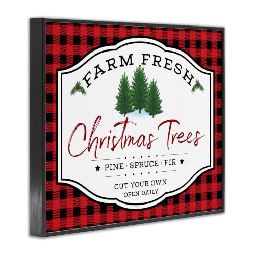 Farm Fresh Christmas Tree Plaid Sign Framed Giclée Print - Midnight Black Textured, 24x30 Inches