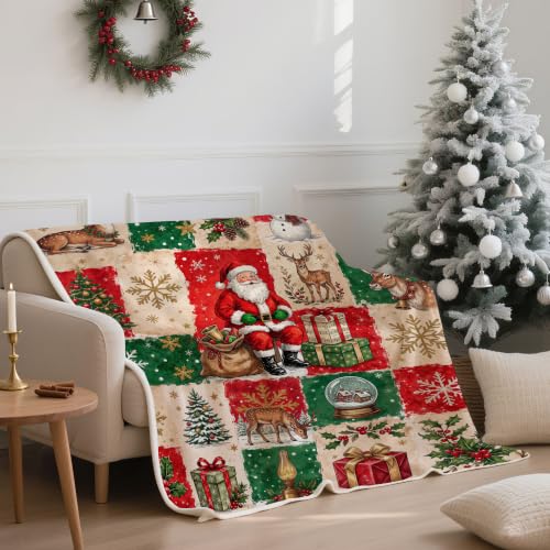Christmas Santa Deer Throw Blanket - Holiday Patchwork Fleece 50x60, Red