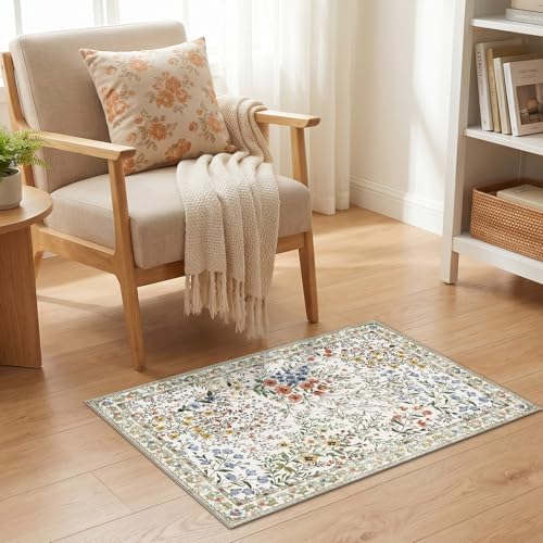 Beige Vintage Floral 2x3 Washable Area Rug - Non-Slip Soft Carpet